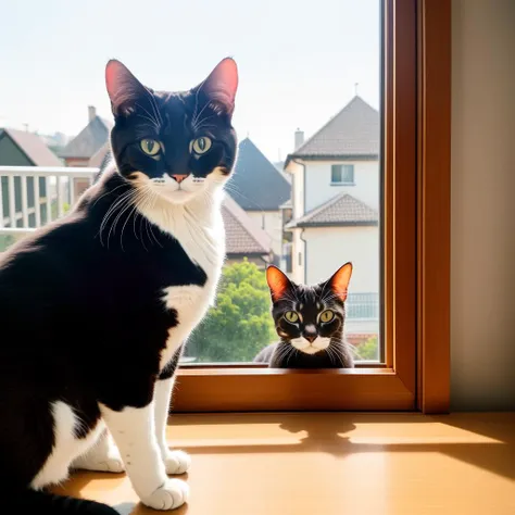 RAW photo, absurdres, high quality, photorealistic, cat looking at viewer, indoors, window, sunlight, 8k uhd, dslr, film grain, Fujifilm XT3, 20 megapixel, detailed, sharp focus,