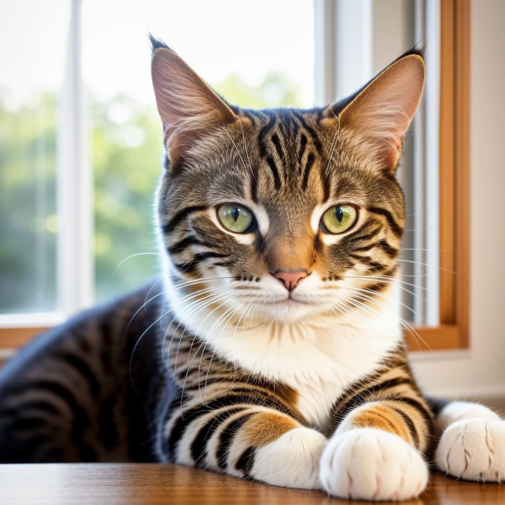 RAW photo, absurdres, high quality, photorealistic,
a close up portrait of a cat looking at viewer,
indoors, window, sunlight, 8k uhd, dslr, film grain