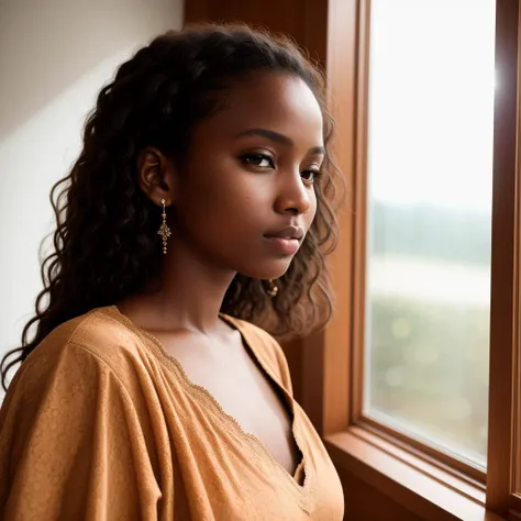 RAW photo, absurdres, high quality, photorealistic,
a (close up:0.5) portrait of a woman, detailed skin, brown skin, wearing a dress,
indoors, window, sunlight, 8k uhd, dslr, film grain