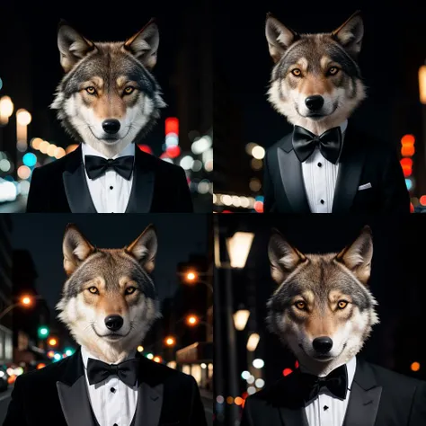 RAW photo, absurdres, high quality, photorealistic, detailed, realistic,
a portrait of a wolf wearing a (tuxedo:1.2),
outdoors, street lights, night, harsh lighting, magical photography, dramatic lighting, photo realism, ultra-detailed, 35mm, f/2.8, 8k uhd, dslr, film grain