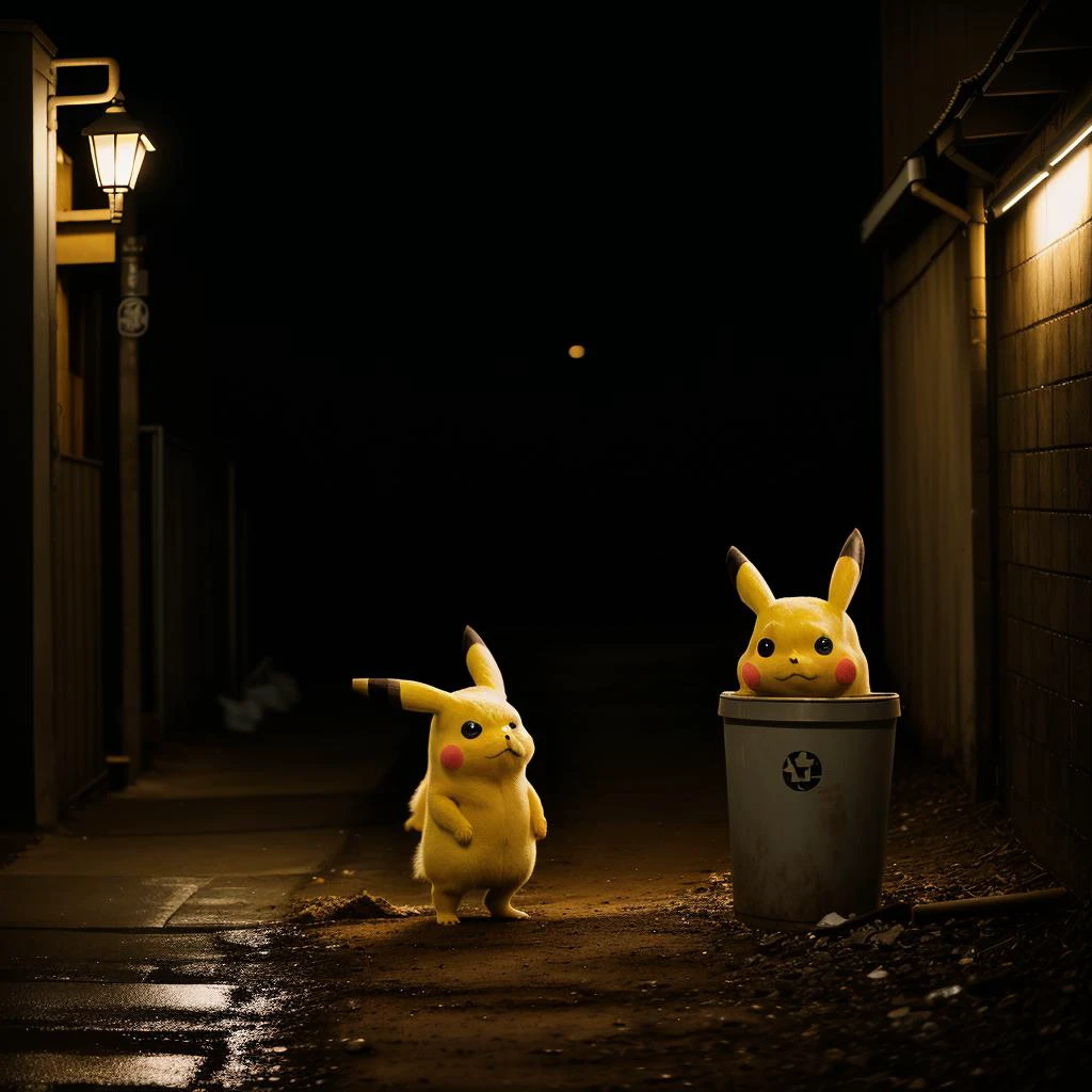 RAW photo, absurdres, high quality, photorealistic, vintage photograph, muddy color grading, sepia,
full shot portrait of sad pikachu standing next to a trash can,
street lights, night, dark alley, solo, 8k uhd, dslr, film grain