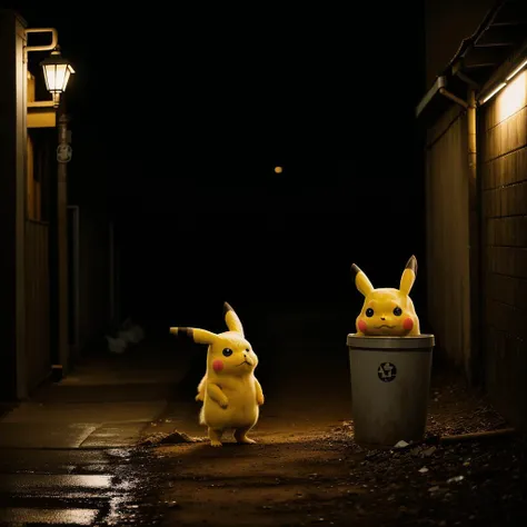 RAW photo, absurdres, high quality, photorealistic, vintage photograph, muddy color grading, sepia, 
full shot portrait of sad pikachu standing next to a trash can,
street lights, night, dark alley, solo, 8k uhd, dslr, film grain