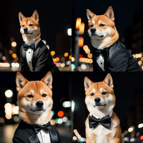 RAW photo, absurdres, high quality, photorealistic, detailed, realistic, 
a portrait of a shiba inu wearing a (tuxedo:1.2),
outdoors, street lights, night, harsh lighting, magical photography, dramatic lighting, photo realism, ultra-detailed, 35mm, f/2.8, 8k uhd, dslr, film grain