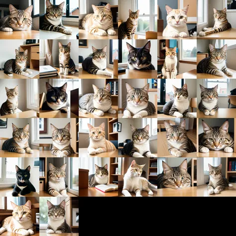 RAW photo, absurdres, high quality, photorealistic, portrait of a cat looking at viewer, indoors, desk, photo realism, ultra-detailed, 50mm, f1. 4, 8k uhd, film grain