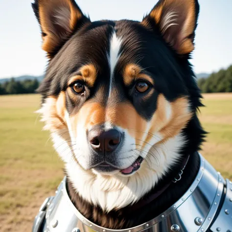 RAW photo, absurdres, high quality, photorealistic, portrait of a dog, plate armor, looking at viewer, smile, photo realism, ultra-detailed, 50mm, f1. 4, 8k uhd, film grain