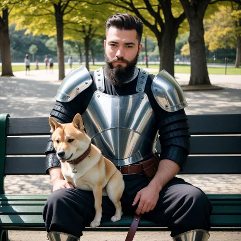 RAW photo, absurdres, high quality, photorealistic, portrait of a european man, beard, detailed_skin, plate armor, pants, sitting, holding a shiba inu, outdoors, park, bench, sunlight, 8k uhd, dslr, film grain, detailed, sharp focus,