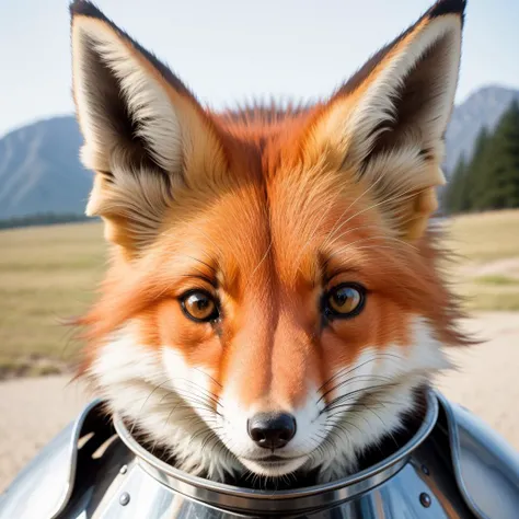 RAW photo, absurdres, high quality, photorealistic, portrait of a fox, plate armor, looking at viewer, smile, photo realism, ultra-detailed, 50mm, f1. 4, 8k uhd, film grain