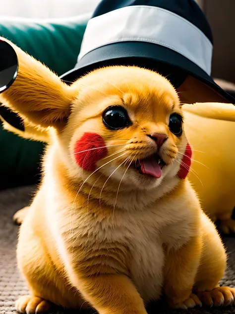 RAW photo, absurdres, high quality, photorealistic, pikachu with a hat and magnifying glass, looking at viewer, photo realism, ultra-detailed, 50mm, f1. 4, 8k uhd, film grain