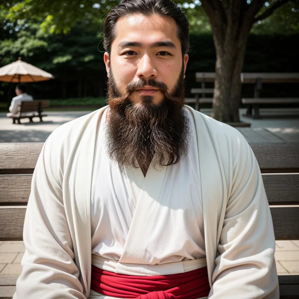 RAW photo, absurdres, high quality, photorealistic,
a close up portrait of a man, beard, kimono, detailed_skin, sitting,
bench, outdoors, park, sunlight, photo background,
photo realism, ultra-detailed, 50mm, f1. 4, 8k uhd, film grain