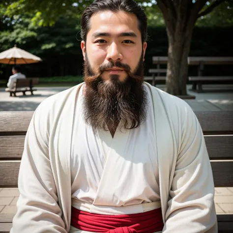 RAW photo, absurdres, high quality, photorealistic, 
a close up portrait of a man, beard, kimono, detailed_skin, sitting,
bench, outdoors, park, sunlight, photo background,
photo realism, ultra-detailed, 50mm, f1. 4, 8k uhd, film grain