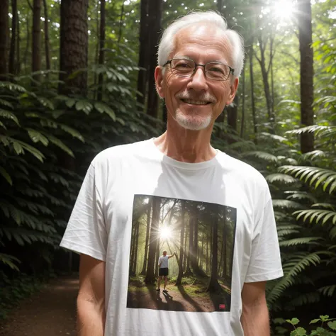 RAW photo, absurdres, high quality, photorealistic, 
a skinny old man, looking at viewer, smile, t-shirt, shorts, detailed_skin, (freckles:0.5),
forest, sunlight, photo background,
photo realism, ultra-detailed, 50mm, f1. 4, 8k uhd, film grain