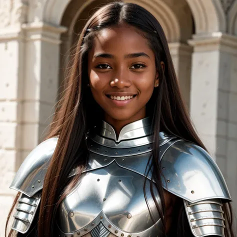 RAW photo, absurdres, high quality, photorealistic, portrait of a young knight woman, looking at viewer, smile, long hair, (brown_skin:0.5), detailed_skin, (freckles:0.5), photo realism, ultra-detailed, 50mm, f1. 4, 8k uhd, film grain