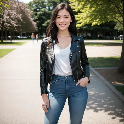 RAW photo, absurdres, high quality, photorealistic, 
a woman, leather jacket, jean pants, looking at viewer, smile, detailed_skin, (freckles:0.5),
outdoors, park, sunlight, photo background,
photo realism, ultra-detailed, 50mm, f1. 4, 8k uhd, film grain