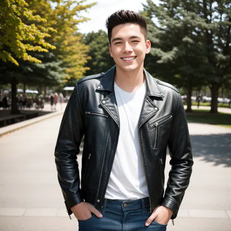 RAW photo, absurdres, high quality, photorealistic, 
a man, leather jacket, jean pants, looking at viewer, smile, detailed_skin, (freckles:0.5),
outdoors, park, sunlight, photo background,
photo realism, ultra-detailed, 50mm, f1. 4, 8k uhd, film grain