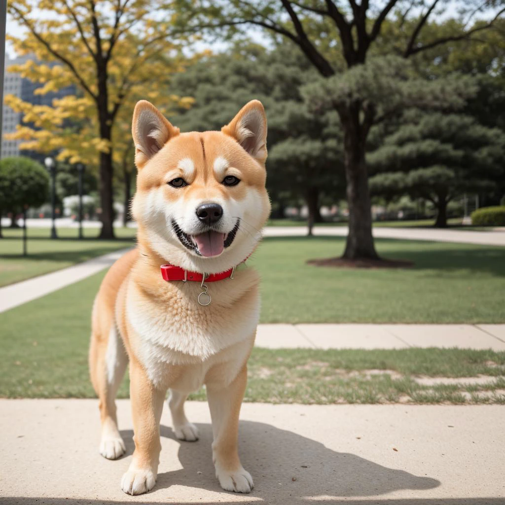 RAW photo, absurdres, high quality, photorealistic,
a portrait of a shiba inu, looking at viewer,
outdoors, park, sunlight, photo background,
photo realism, ultra-detailed, 50mm, f1. 4, 8k uhd, film grain