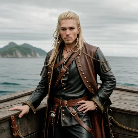 RAW photo, absurdres, high quality, photorealistic, medieval (pirate:1.2) blond hair man, detailed skin, shirt, leather pants, leather straps, fur coat, standing, pirate ship, outdoors, water, ocean, clouds, sunlight, 8k uhd, film grain, 20 megapixel, detailed, sharp focus,