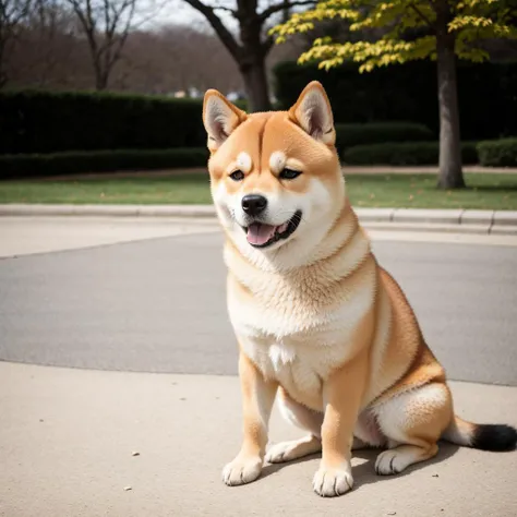 RAW photo, absurdres, high quality, photorealistic, a portrait of a shiba inu, looking at viewer, outdoors, park, sunlight, photo background, photo realism, ultra-detailed, 50mm, f1. 4, 8k uhd, film grain