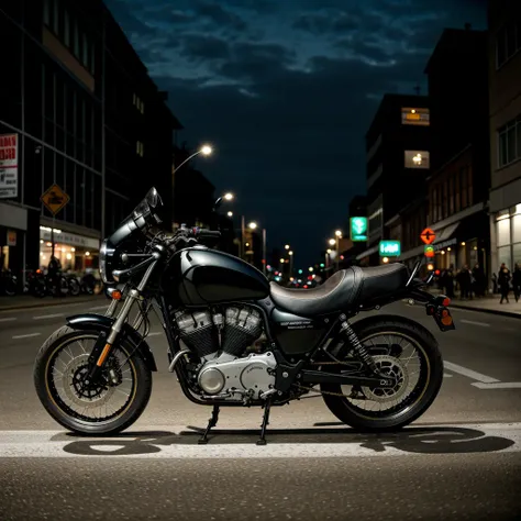 RAW photo, absurdres, high quality, photorealistic, a motorbike, photo realism, street, outdoors, night, ultra-detailed, 50mm, f1. 4, 8k uhd, film grain