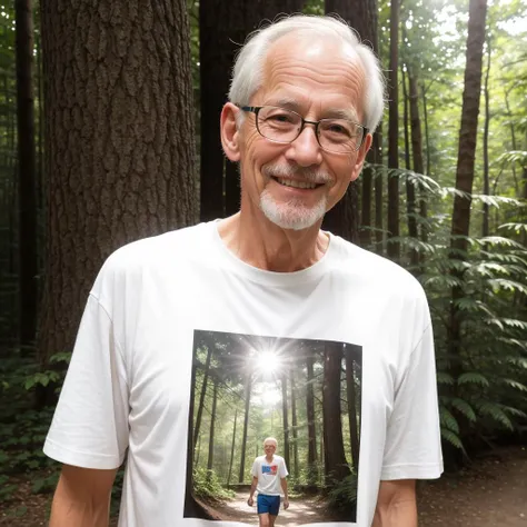 RAW photo, absurdres, high quality, photorealistic, a skinny old man, looking at viewer, smile, t-shirt, shorts, detailed_skin, (freckles:0.5), forest, sunlight, photo background, photo realism, ultra-detailed, 50mm, f1. 4, 8k uhd, film grain