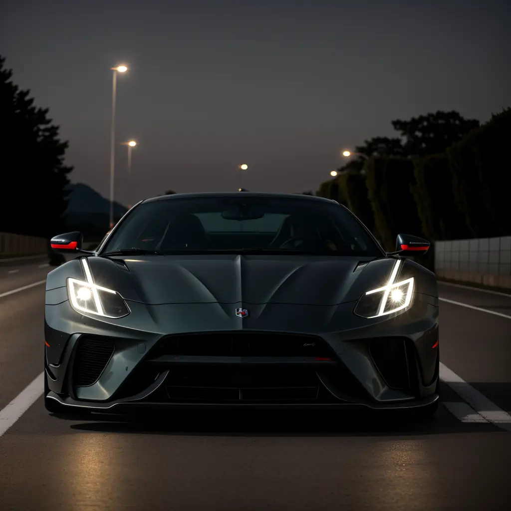 RAW photo, absurdres, high quality, photorealistic, a sports car, photo realism, street, outdoors, night, ultra-detailed, 50mm, f1. 4, 8k uhd, film grain