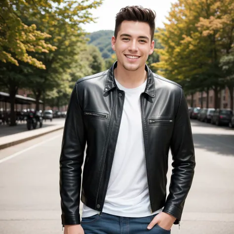 RAW photo, absurdres, high quality, photorealistic, a man, leather jacket, jean pants, looking at viewer, smile, detailed_skin, (freckles:0.5), outdoors, park, sunlight, photo background, photo realism, ultra-detailed, 50mm, f1. 4, 8k uhd, film grain