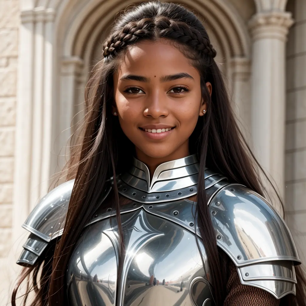 RAW photo, absurdres, high quality, photorealistic, portrait of a young knight woman, looking at viewer, smile, long hair, (brown_skin:0.5), detailed_skin, (freckles:0.5), photo realism, ultra-detailed, 50mm, f1. 4, 8k uhd, film grain