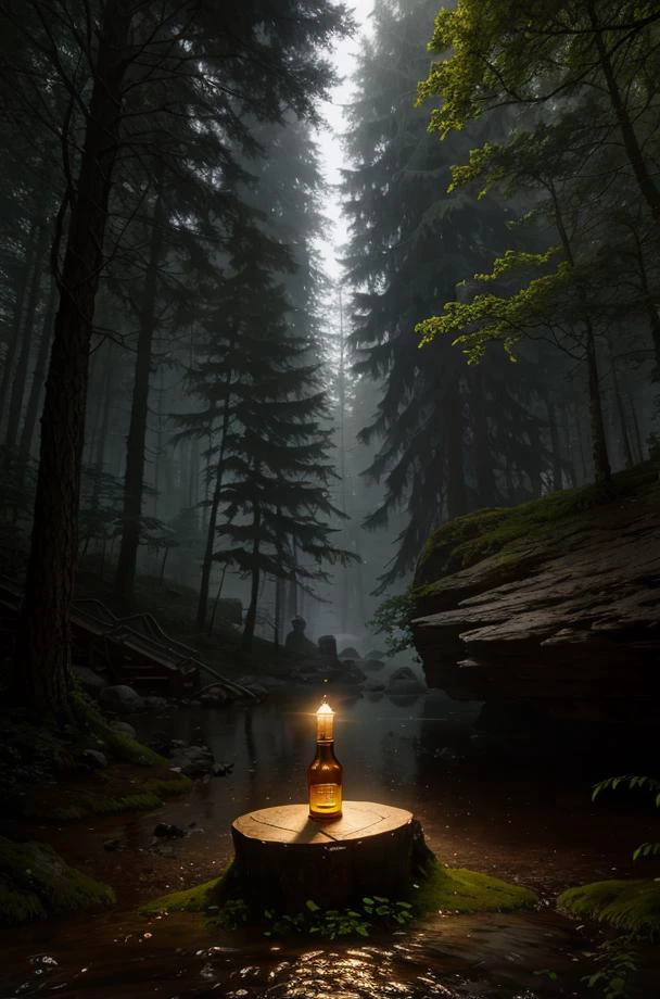 modern disney style, Perspective painting, best quality, intricate details,A magical Bottle, magic, sitting on a stump in the middle of a magical forest surrounded by flowing magic, night time with moonlight rays, fog, octane, unreal engine, 8k,
<lora:nice_hand_V1-01:1.0>,
<lora:lightAndShadow_v10:0.2>,