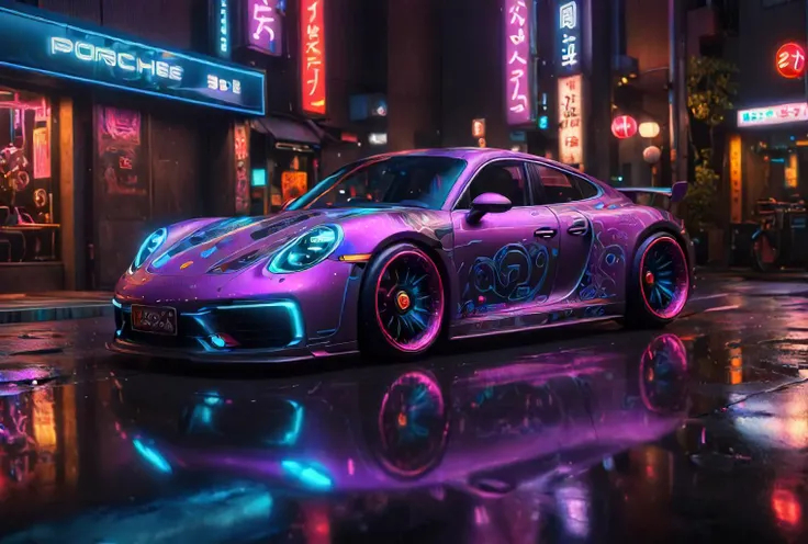 steampunk, the futur of Porsche in Tokyo, purple neon lights under the chassis, tron style disney, wheels with low-profile rims, night photo, reflections, 4k, uhd, hdr <lora:ral-springfestival:1> <lora:texta:1>