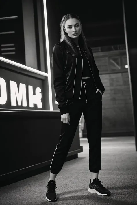 stunning authentic formal fashion noir black&white raw photo, (sfw:1.2) ginger S0ph13Turn3r_HM-135 as a deranged businesswoman, (tracksuit jacket), (simple shirt), (gym shorts), (sneakers), in front of the formal fashion sleek entrance of a flashy nightclub, night, shadowy figures, dark, disco crowd in the background, formal fashion minimalist scene, bold posture, looking at the viewer, gold and neon-yellow-colored, formal fashion photo, epic character composition, sharp focus, subsurface scattering, f2, 35mm, film grain