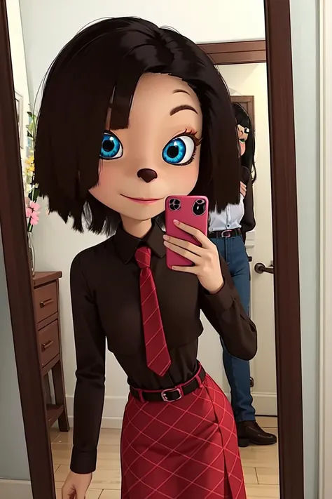 bremen, 1girl, solo, looking at viewer, blue eyes, skirt, black hair, long sleeves, belt, makeup, furry female <lora:bremen:0.55>
a woman taking a selfie in a mirror wearing a tie and shirt and pants with a cell phone, Bian Shoumin, grunge aesthetic, a picture, neo-romanticism