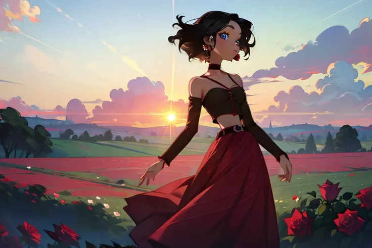 bremen, 1girl, solo, looking at viewer, blue eyes, skirt, black hair, short hair, long sleeves, belt, makeup, furry female <lora:bremen:0.55>
profile, flower, bare shoulders, collarbone, earrings, jewelry, (flower, rose:1.5), hair behind ear, facing away, scenery, meadow, sunset, sunlight, fluttering dress, action pose