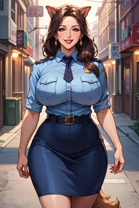 score_9, score_8_up, score_7_up, score_6_up, source_anime, beautiful face, expressive eyes, solo, dramatic lighting, anime screencap, cowboy shot, street, smile, 1girl, (mature female, older, milf, motherly), gigantic breasts, wide hips, long hair, red lips, dog ears, dog tail, shirt, pencil skirt, policewoman, police uniform