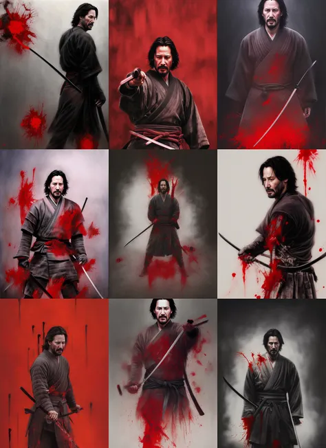 Hyper realistic oil portrait painting of (sks person as samurai with katana) covered in blood, fog, volumetric lighting, nighttime, moonlight, creepy, by greg rutkowski, ((katana)), sword, kurosawa, kill bill
