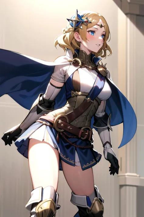 absurdres, best quality, 1girl, solo, <lora:lianna-nvwls-v2:0.8>, lianna, hair ornament, circlet, cape, armored dress, elbow gloves, blue skirt, thigh boots