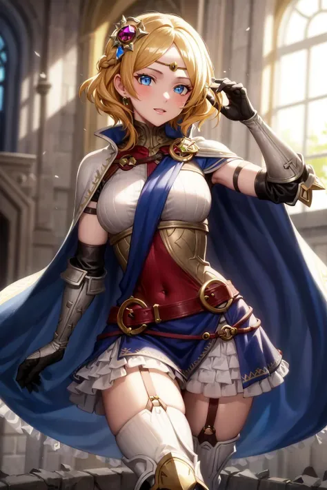 absurdres, best quality, 1girl, solo, <lora:lianna-nvwls-v2:0.8>, lianna, hair ornament, circlet, cape, armored dress, elbow gloves, blue skirt, thigh boots