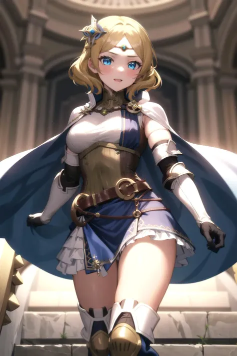 absurdres, best quality, 1girl, solo,  <lora:lianna-nvwls-v2:0.8>, lianna, hair ornament, circlet, cape, armored dress, elbow gloves, blue skirt, thigh boots