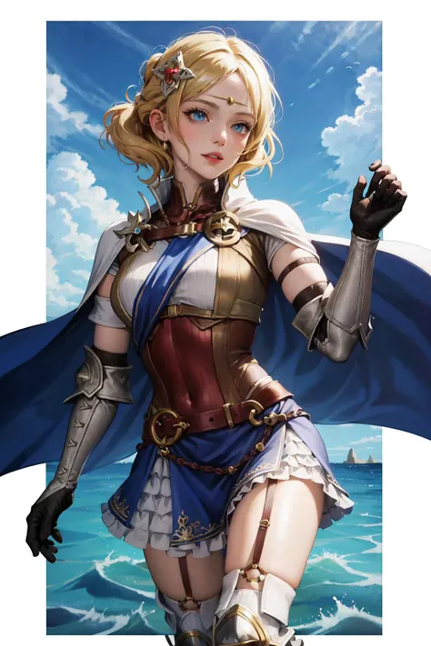 absurdres, best quality, 1girl, solo,  <lora:lianna-nvwls-v2:0.8>, lianna, hair ornament, circlet, cape, armored dress, elbow gloves, blue skirt, thigh boots