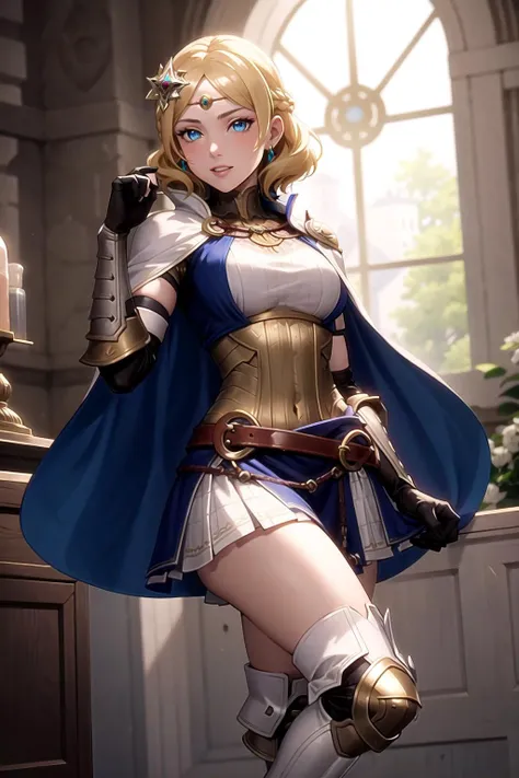 absurdres, best quality, 1girl, solo, <lora:lianna-nvwls-v2:0.8>, lianna, hair ornament, circlet, cape, armored dress, elbow gloves, blue skirt, thigh boots