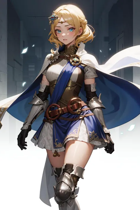 absurdres, best quality, 1girl, solo, <lora:lianna-nvwls-v2:0.8>, lianna, hair ornament, circlet, cape, armored dress, elbow gloves, blue skirt, thigh boots