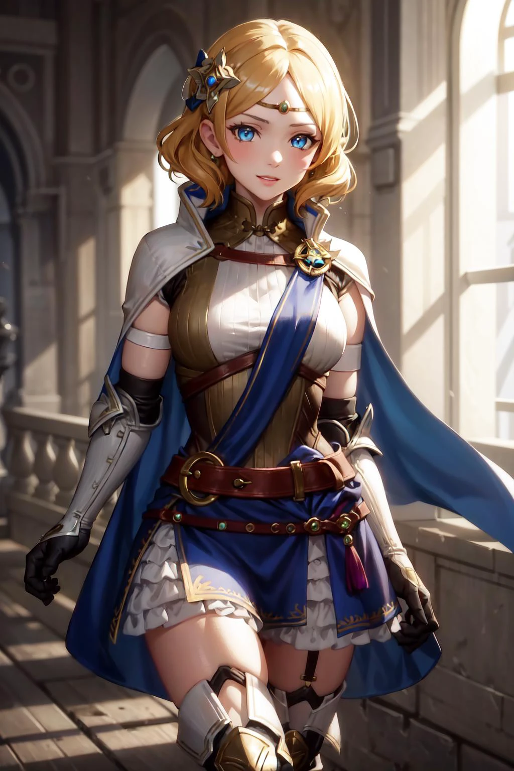 absurdres, best quality, 1girl, solo, <lora:lianna-nvwls-v2:0.8>, lianna, hair ornament, circlet, cape, armored dress, elbow gloves, blue skirt, thigh boots
