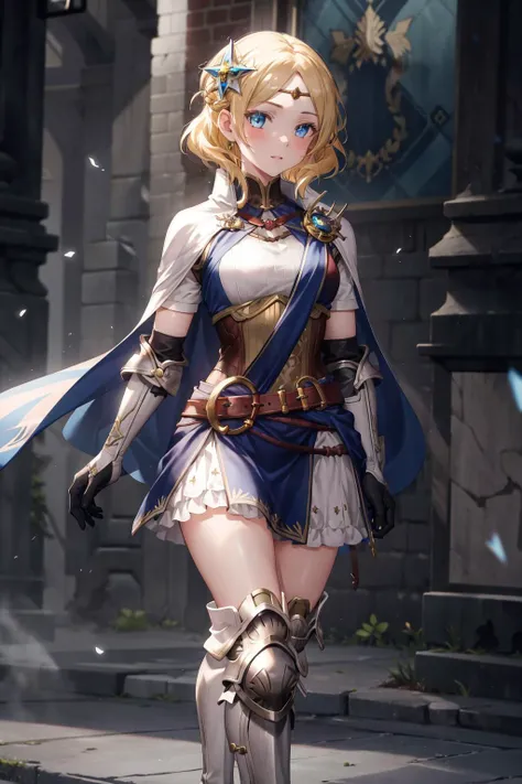 absurdres, best quality, 1girl, solo, <lora:lianna-nvwls-v2:0.8>, lianna, hair ornament, circlet, cape, armored dress, elbow gloves, blue skirt, thigh boots