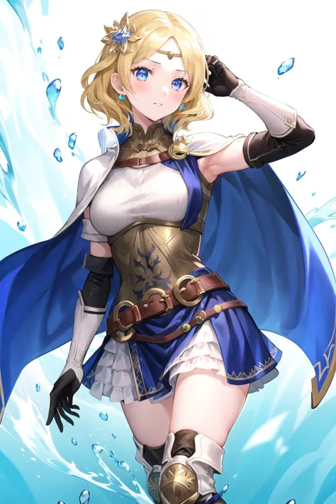 absurdres, best quality, 1girl, solo,  <lora:lianna-nvwls-v2:0.8>, lianna, hair ornament, circlet, cape, armored dress, elbow gloves, blue skirt, thigh boots