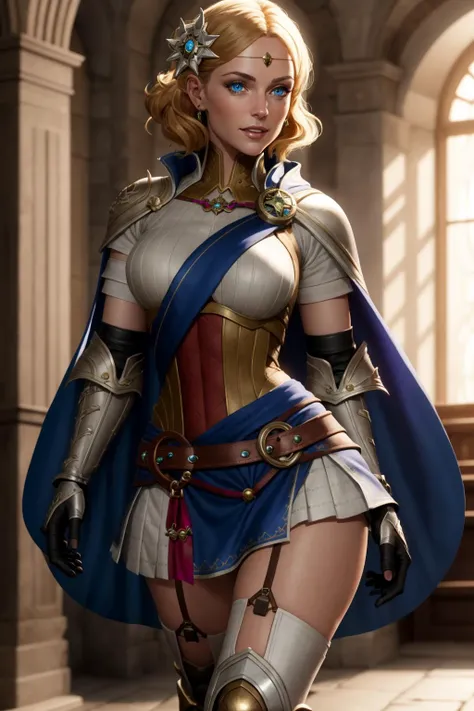 absurdres, best quality, 1girl, solo, <lora:lianna-nvwls-v2:0.8>, lianna, hair ornament, circlet, cape, armored dress, elbow gloves, blue skirt, thigh boots