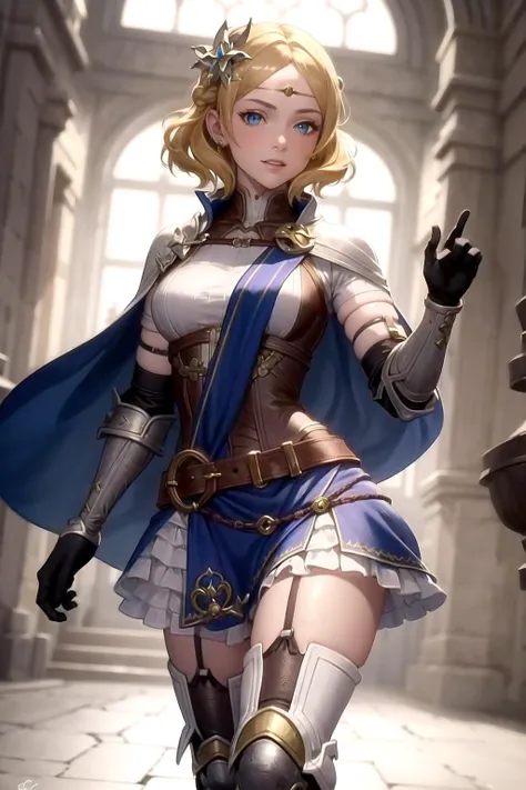 absurdres, best quality, 1girl, solo, <lora:lianna-nvwls-v2:0.8>, lianna, hair ornament, circlet, cape, armored dress, elbow gloves, blue skirt, thigh boots