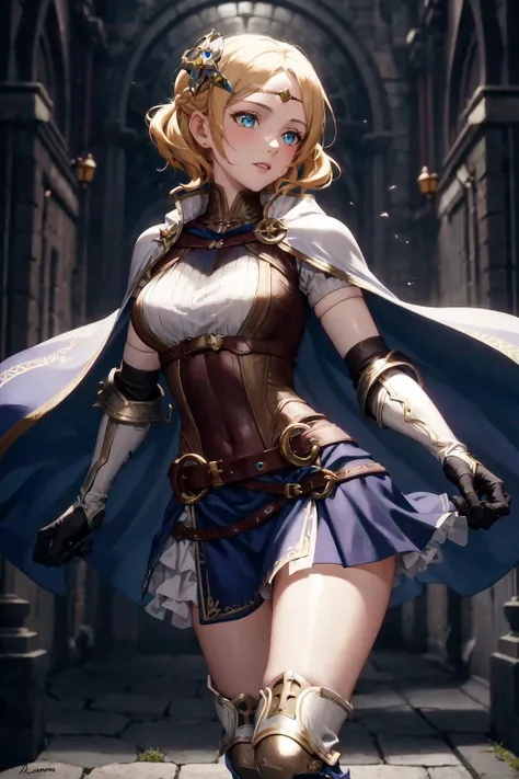 absurdres, best quality, 1girl, solo, <lora:lianna-nvwls-v2:0.8>, lianna, hair ornament, circlet, cape, armored dress, elbow gloves, blue skirt, thigh boots