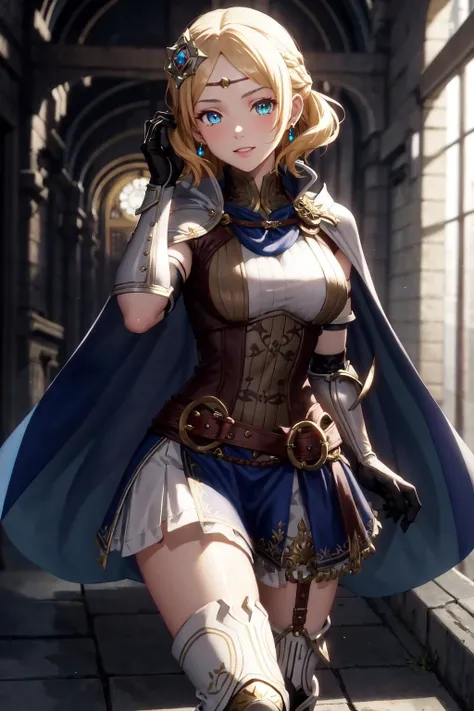 absurdres, best quality, 1girl, solo,  <lora:lianna-nvwls-v2:0.8>, lianna, hair ornament, circlet, cape, armored dress, elbow gloves, blue skirt, thigh boots