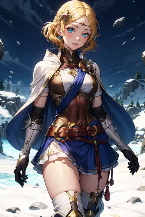 absurdres, best quality, 1girl, solo,  <lora:lianna-nvwls-v2:0.8>, lianna, hair ornament, circlet, cape, armored dress, elbow gloves, blue skirt, thigh boots