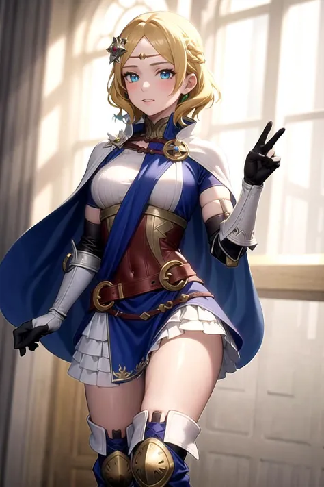 absurdres, best quality, 1girl, solo, <lora:lianna-nvwls-v2:0.8>, lianna, hair ornament, circlet, cape, armored dress, elbow gloves, blue skirt, thigh boots
