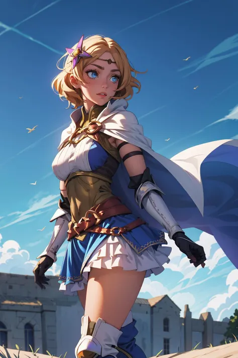 absurdres, best quality, 1girl, solo, <lora:lianna-nvwls-v2:0.8>, lianna, hair ornament, circlet, cape, armored dress, elbow gloves, blue skirt, thigh boots