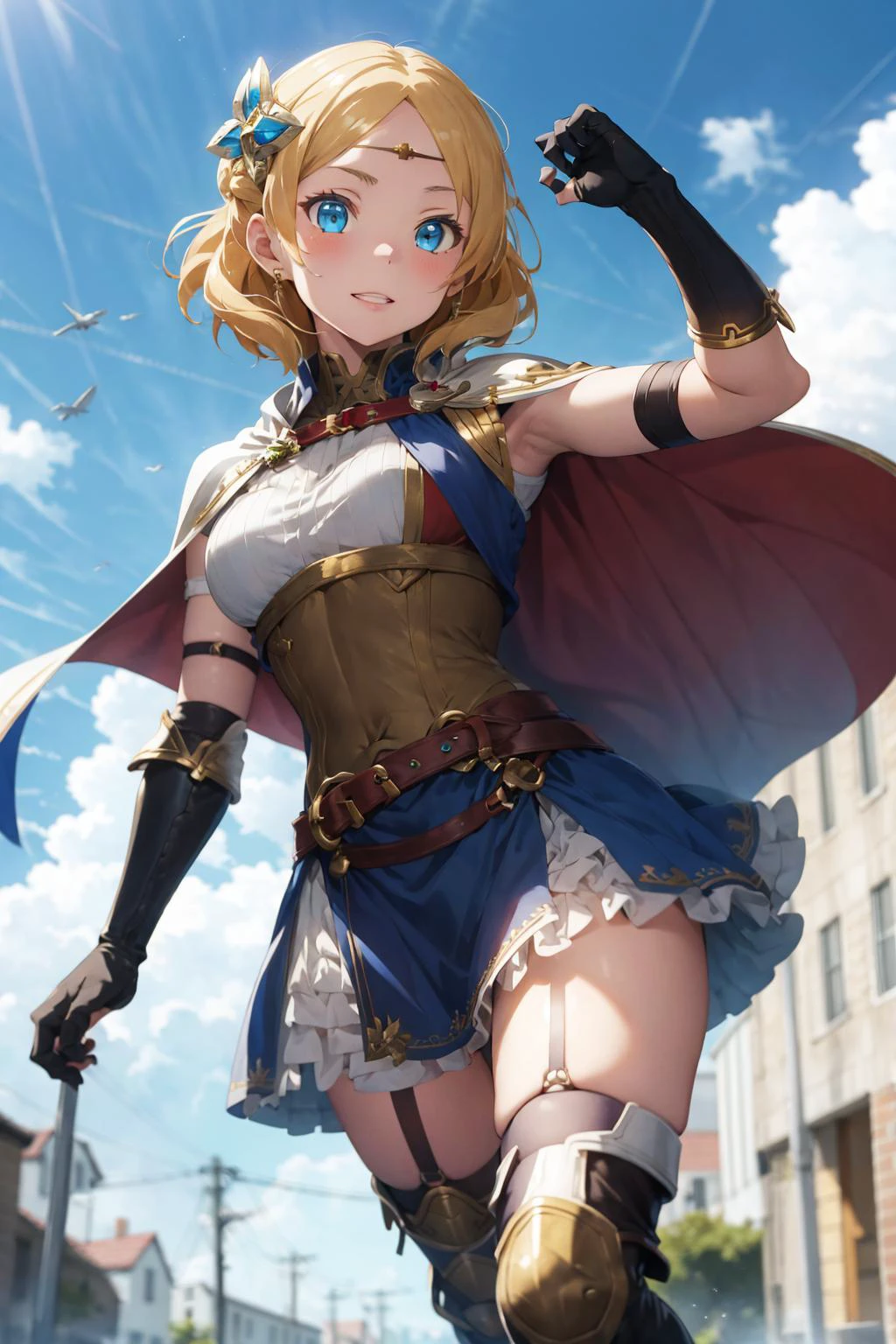 absurdres, best quality, 1girl, solo, <lora:lianna-nvwls-v2:0.8>, lianna, hair ornament, circlet, cape, armored dress, elbow gloves, blue skirt, thigh boots